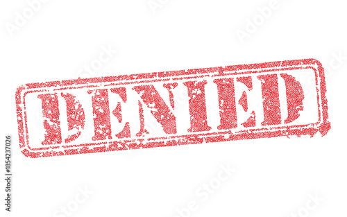 Denied red rubber stamp vector illustration with grunge stipple texture. Distressed office seal design for rejected documents, visa refusal, declined loan applications and strict bureaucracy concepts.