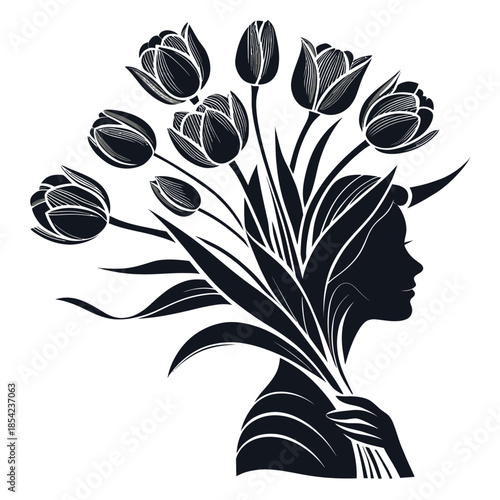 Ultra clean black and white 2d vector silhouette of woman's head