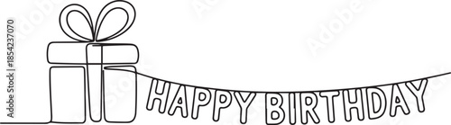 Continuous one line drawing template gifts box with party concept. Bday presents cardboard box or banner template with happy birthday typography. one line Icon drawing
