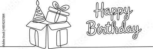 Continuous one line drawing template gifts box with party concept. Bday presents cardboard box or banner template with happy birthday typography. one line Icon drawing