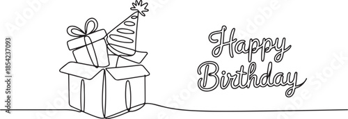 Continuous one line drawing template gifts box with party concept. Bday presents cardboard box or banner template with happy birthday typography. one line Icon drawing