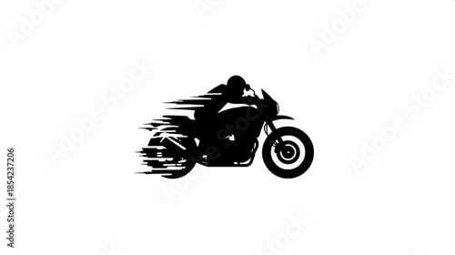 “Minimalist logo-style illustration of a motorcyclist in action, black silhouette on white background, travel and adventure theme.”