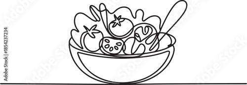 Single continuous line drawing of stylized vegetables salad on bowl logo label. Healthy food restaurant concept. Modern one line draw design vector illustration for cafe. one line Icon drawing