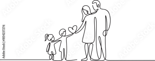 One line drawing of children giving love heart shaped to mother or father. Mom and dad loving care parenting concept. Family insurance sign symbol. one line Icon drawing