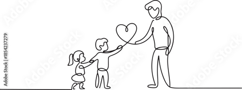 One line drawing of children giving love heart shaped to mother or father. Mom and dad loving care parenting concept. Family insurance sign symbol. one line Icon drawing