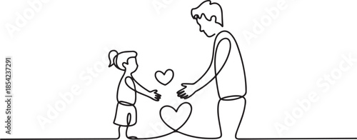 One line drawing of children giving love heart shaped to mother or father. Mom and dad loving care parenting concept. Family insurance sign symbol. one line Icon drawing
