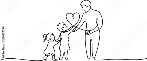 One line drawing of children giving love heart shaped to mother or father. Mom and dad loving care parenting concept. Family insurance sign symbol. one line Icon drawing