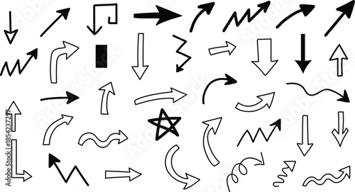 Collection of various black arrows and symbols on a white background