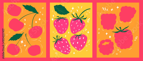 Strawberries, cherries, raspberries. Juicy abstract posters. Sweet healthy food. Vector illustration.