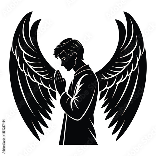 Black and white 2d vector silhouette of praying angel with large