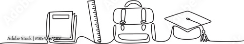 Single continuous line drawing of book, ruler, school bag, graduation cap for page layout. Back to school minimalist style. Education concept. one line Icon drawing