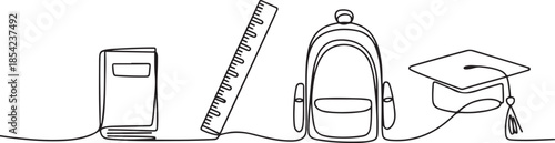Single continuous line drawing of book, ruler, school bag, graduation cap for page layout. Back to school minimalist style. Education concept. one line Icon drawing