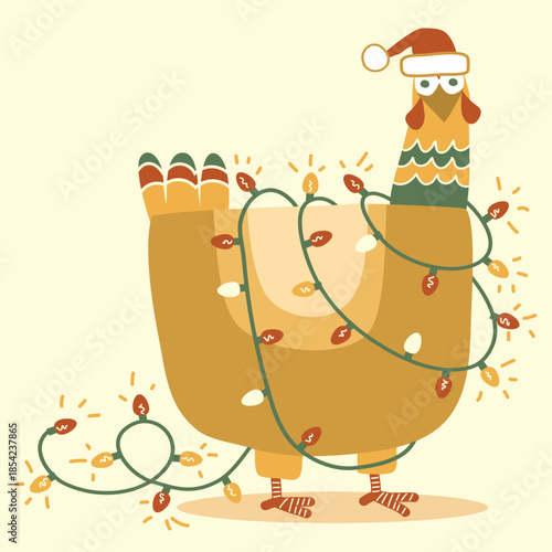 Cute Christmas chicken with lights funny holiday vector Illustration isolated. Cute Chickmas with holiday lights decorated and Santa hat. Funny festive illustration in warm colors.