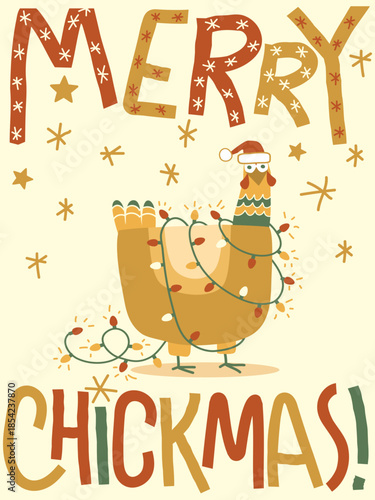 Merry Chickmas funny christmas chicken vector card illustration. Cute Merry chickmas illustration with chicken and Christmas lights.