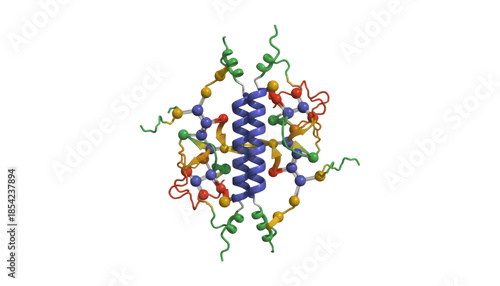 Complex protein molecule structure with a central blue alpha-helix surrounded by colorful amino acid chains shown in a detailed ball-and-stick and ribbon representation