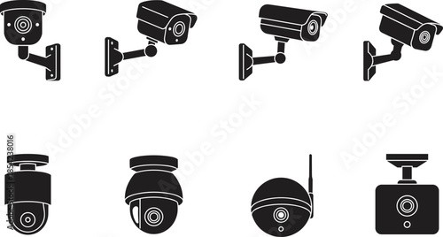 Black silhouette CCTV camera icons, security camera vector set, surveillance device, wall mount, indoor outdoor safety, flat illustration