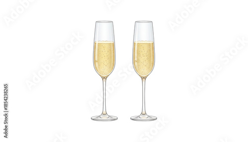 Two elegant champagne flutes filled with bubbly golden sparkling wine for a festive celebration, anniversary, or special occasion toast, in a clean illustrative style
