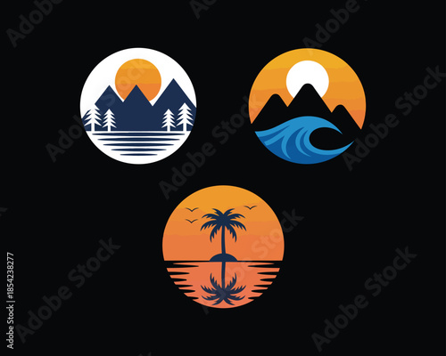 Vector Set of Circular Icons Representing Nature and Outdoor Landscapes