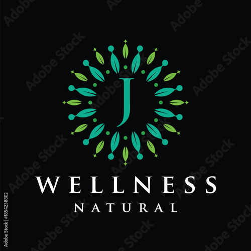 Initial letter J alphabet wellness, green, leaves, natural, health, organic, logo design, circle leaf nature graphic icon vector template
