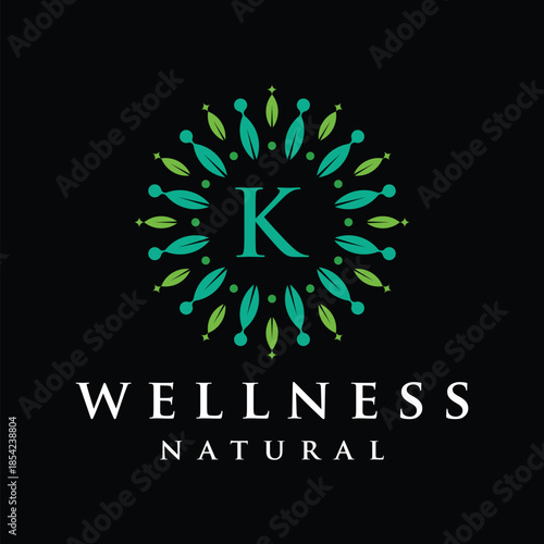Initial letter K alphabet wellness, green, leaves, natural, health, organic, logo design, circle leaf nature graphic icon vector template