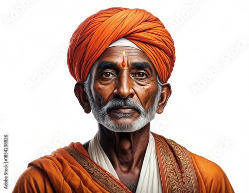 Portrait of elderly Indian man in orange turban with white beard and tilak, isolated on white
