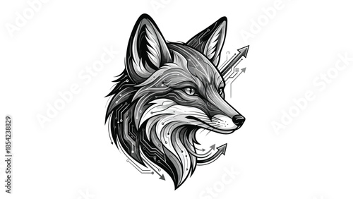 Intricate fox head illustration with detailed fur and piercing gaze, artistic design.