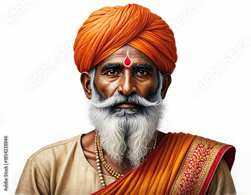 Portrait of elderly Indian man in orange turban with white beard and tilak, isolated on white