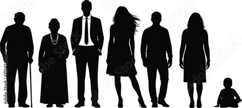Large Silhouette Collection Featuring People of All Ages Including Sitting Baby Professional Business Man and Elderly Seniors Isolated on White Background