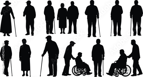Large Set of Senior Citizen Silhouettes Featuring Elderly People with Walking Canes and Individuals in Wheelchairs Isolated on White Background for Healthcare