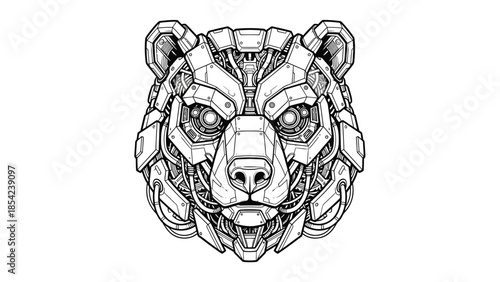 Intricate mechanical bear head illustration showcasing detailed robotic design.