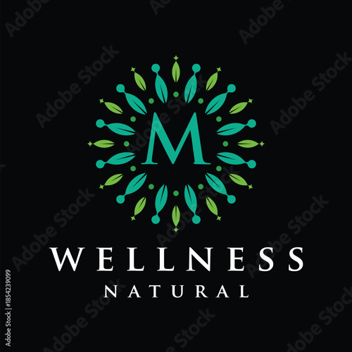 Initial letter M alphabet wellness, green, leaves, natural, health, organic, logo design, circle leaf nature graphic icon vector template