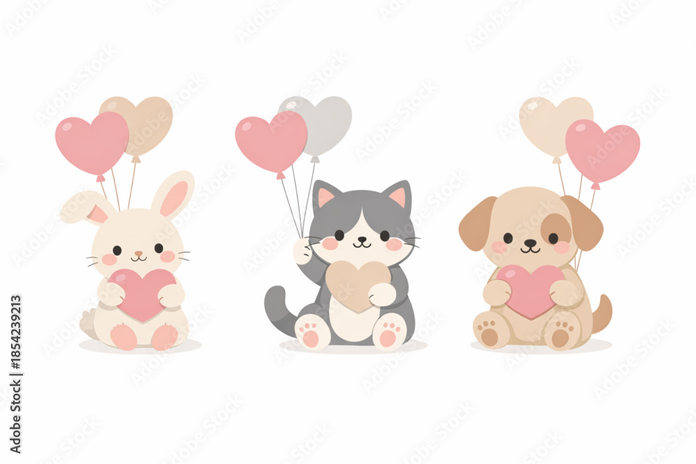Naklejka premium Cute Love Animals Flat Set with Heart Balloons