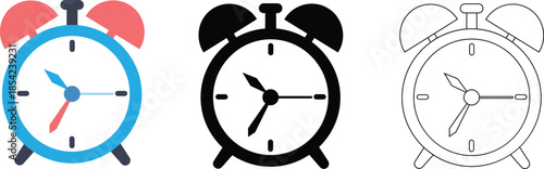 Alarm Clock Vector Set. Color, Solid, and Outline Icons for Time Management