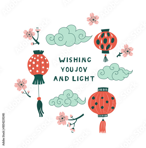 Chinese Spring Blossom Festival Illustration with Lanterns and Flowers Flat Vector Design