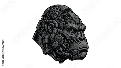 Intricate mechanical gorilla head illustration, showcasing detailed robotic design and artistry.