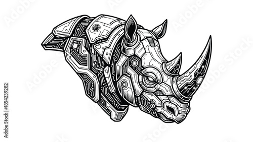Intricate mechanical rhinoceros head illustration showcasing detailed robotic design.