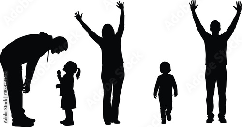 Large Silhouette Collection of a Happy Family Group Including Mother Father and Children Celebrating with Raised Arms Isolated on White Background