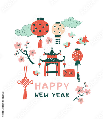 Chinese Spring Blossom Festival Illustration with Lanterns and Flowers Flat Vector Design