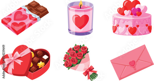 A collection of romantic gifts including chocolates, a candle, cake, roses, and a love letter, perfect for Valentine's Day.