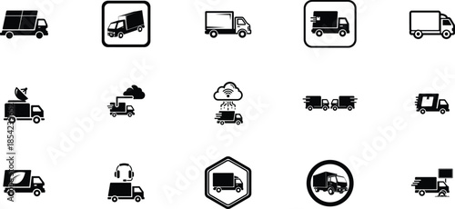 Collection of black and white truck and shipping icons