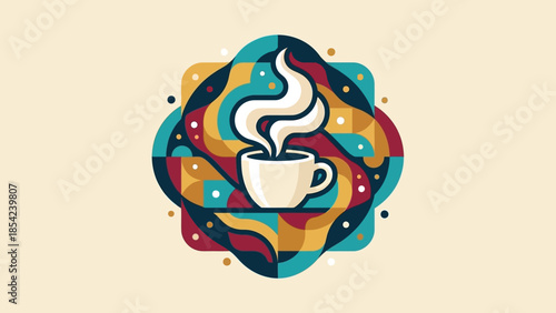 Steaming coffee cup illustration with colorful abstract background design.