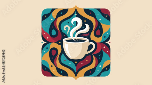 Steaming coffee cup illustration with artistic background design and vibrant colors.