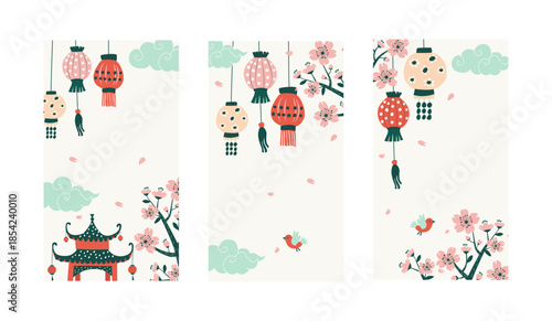 Chinese Spring Festival Vertical Backgrounds with Lanterns and Blossoms Vector Set