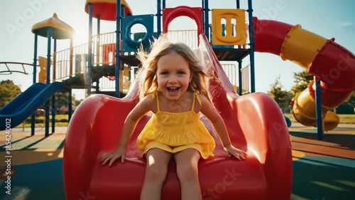 Joyful Girl on a Playground Slide - A Sunny Day Adventure.