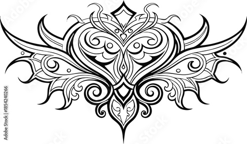 Intricate tribal tattoo design with swirling patterns and symmetrical motifs