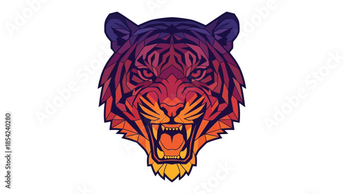 Vibrant tiger head illustration showcasing bold colors and intricate details, fierce expression.