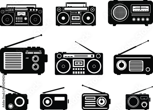 Collection of vintage and modern portable radios and boomboxes