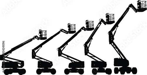 Aerial work platform boom lift silhouette sequence showing different extension heights for construction and maintenance tasks isolated on white background vector illustration