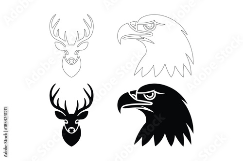 Deer and Eagle Head Silhouette and Outline Graphic Illustration