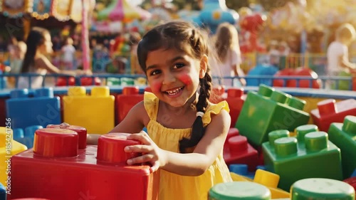 Joyful Girl Playing with Giant Lego Blocks at Amusement Park.